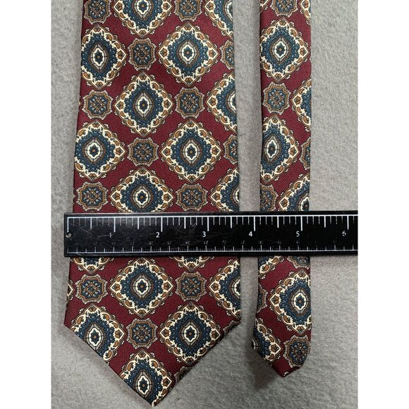 Boston Harbor Geo Pattern Burgendy Green Gold Silk Necktie Tie - Picture 2 of 5